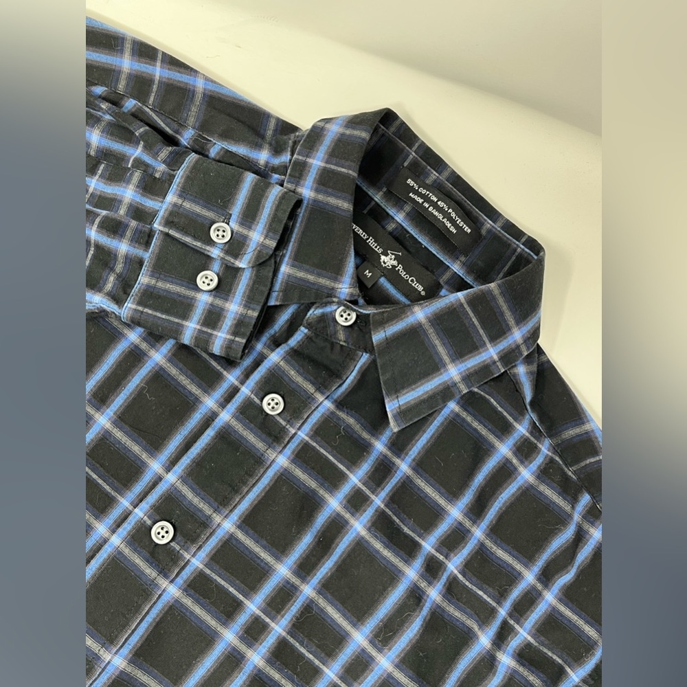 Beverly Hills Polo Club Men's Blue Black Striped Long Sleeve Button Down M GHQ9.